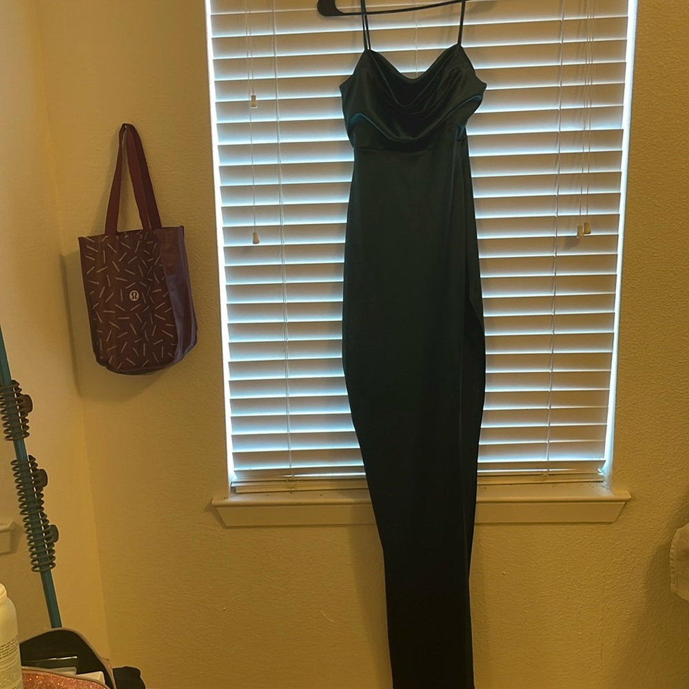 Emerald Green satin fitted dress with slit in left side